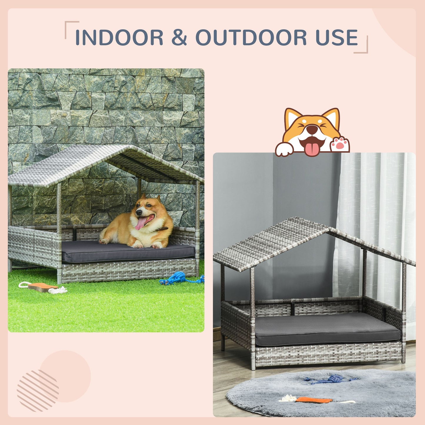 Elevated wicker dog house designed for indoor and outdoor use with cushioned bed and roof