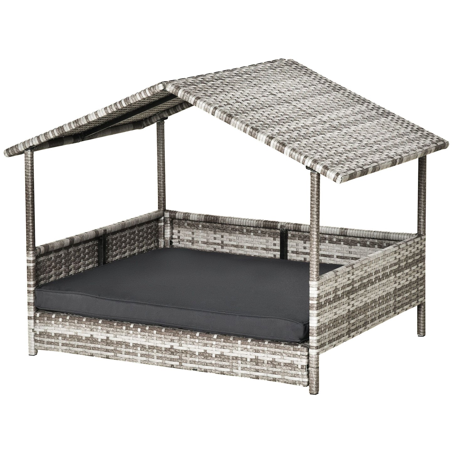 Elevated wicker dog house with roof and cushioned black bed from PawCounter.com