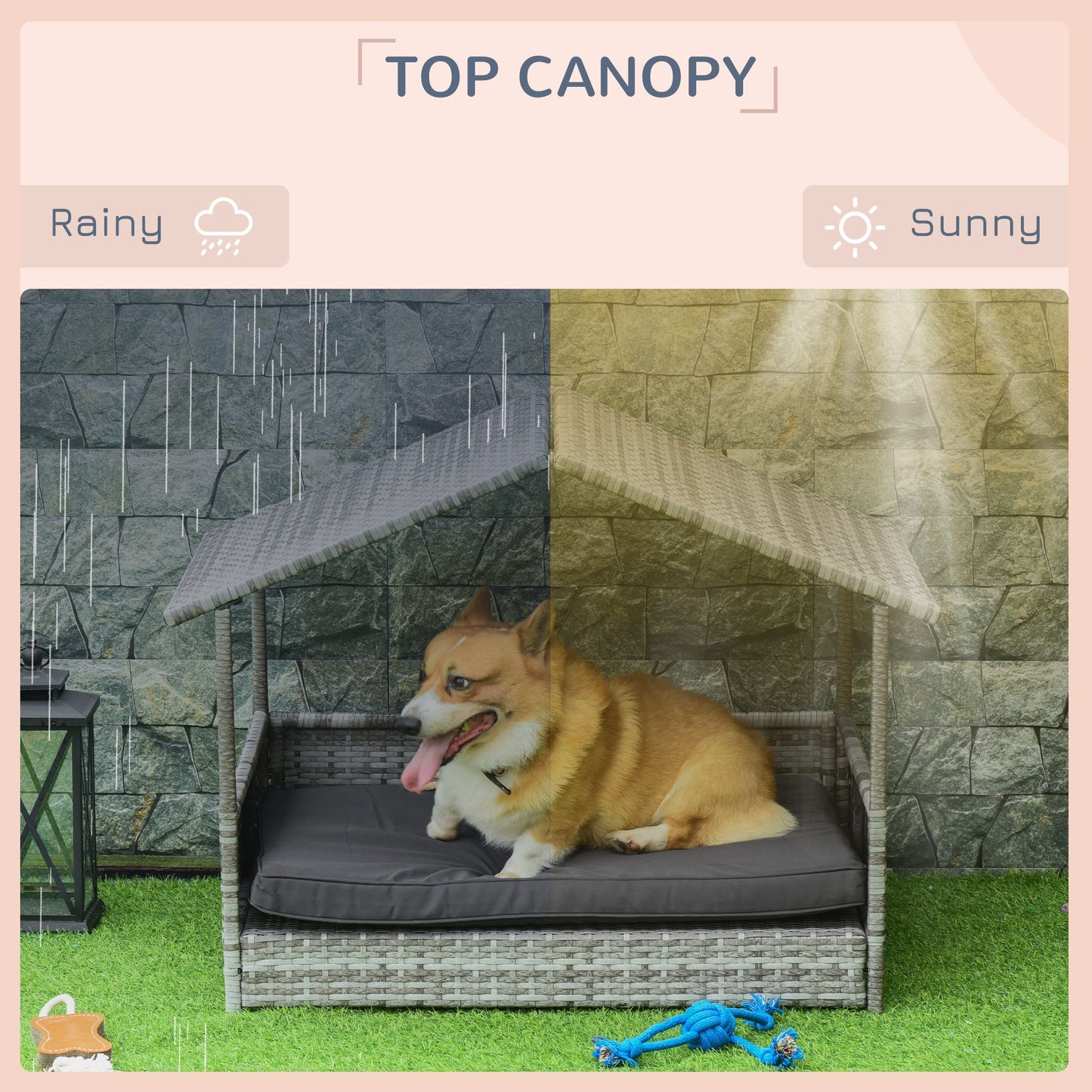 Elevated wicker dog house with top canopy protecting dog from rain and sun by PawCounter.com