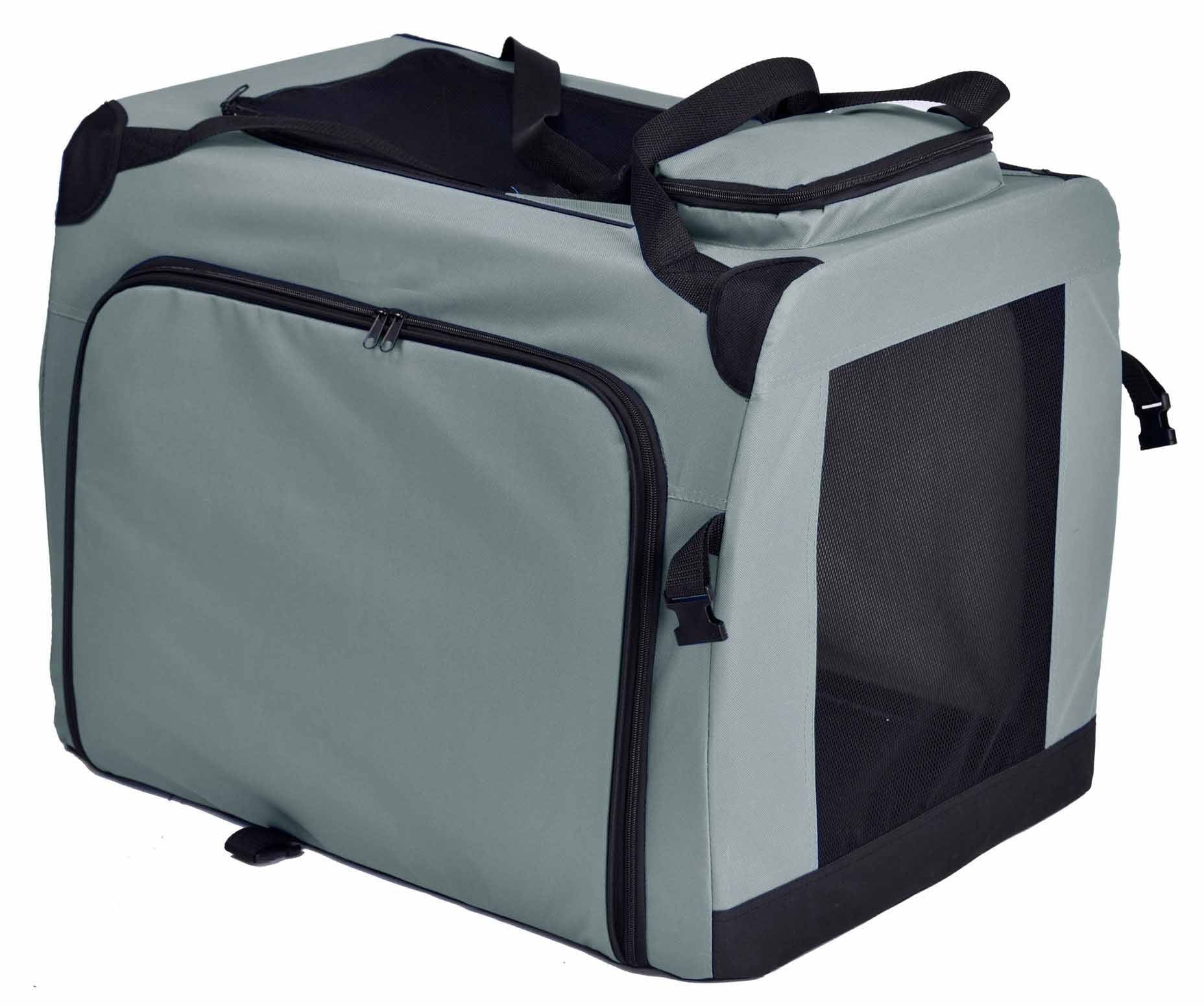 Gray PawCounter.com expandable dog crate with mesh windows and zippered sides for ventilation and easy access