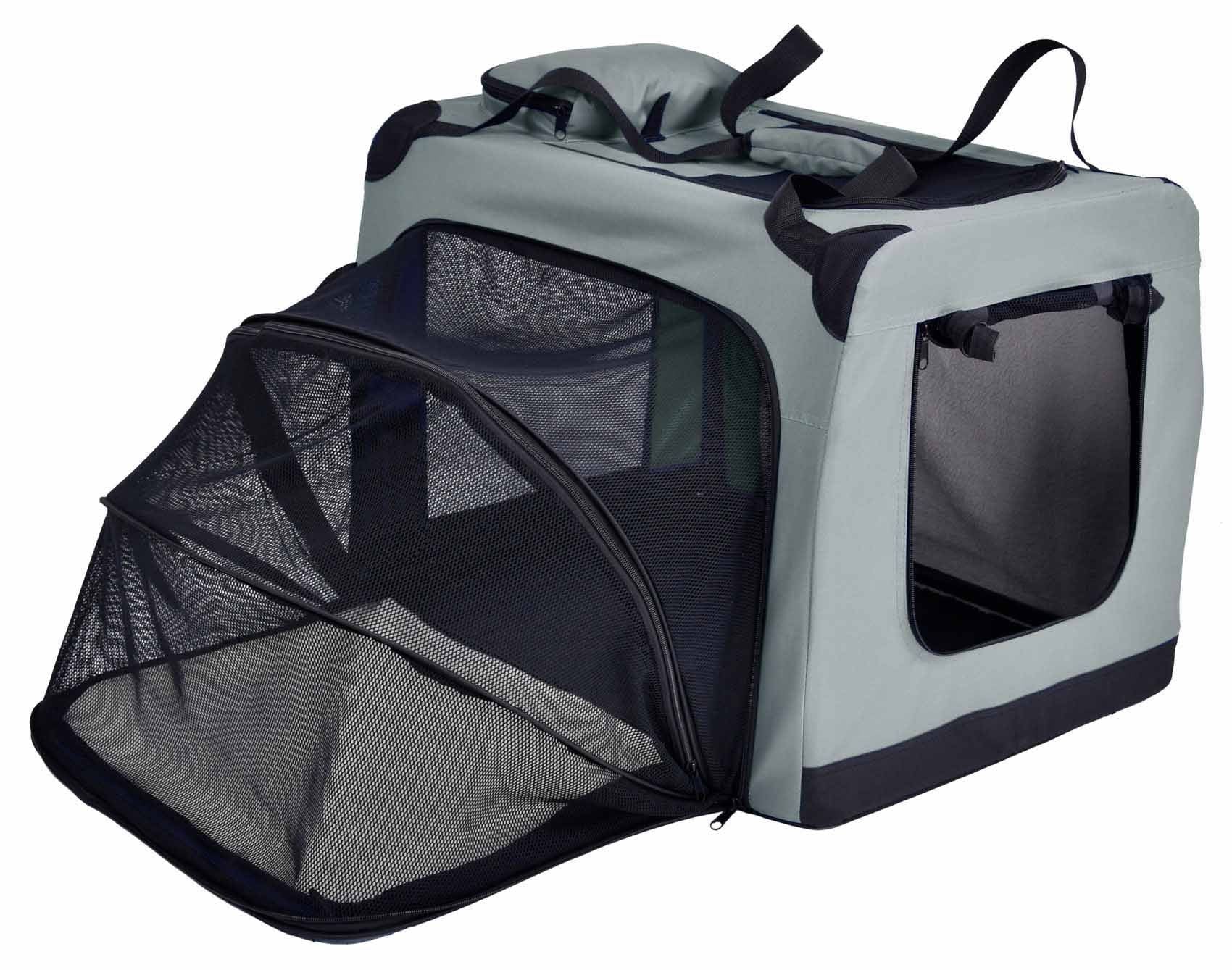 Gray and black expandable dog crate with mesh windowsand zippered front door for ventilation