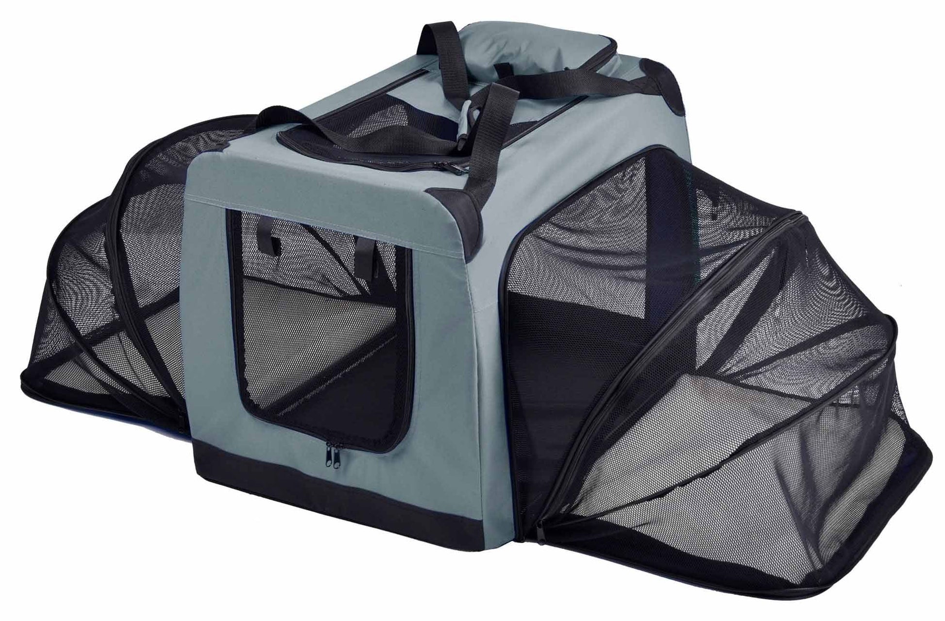 Gray and black expandable dog crate with mesh panels and carrying handles for easy transport