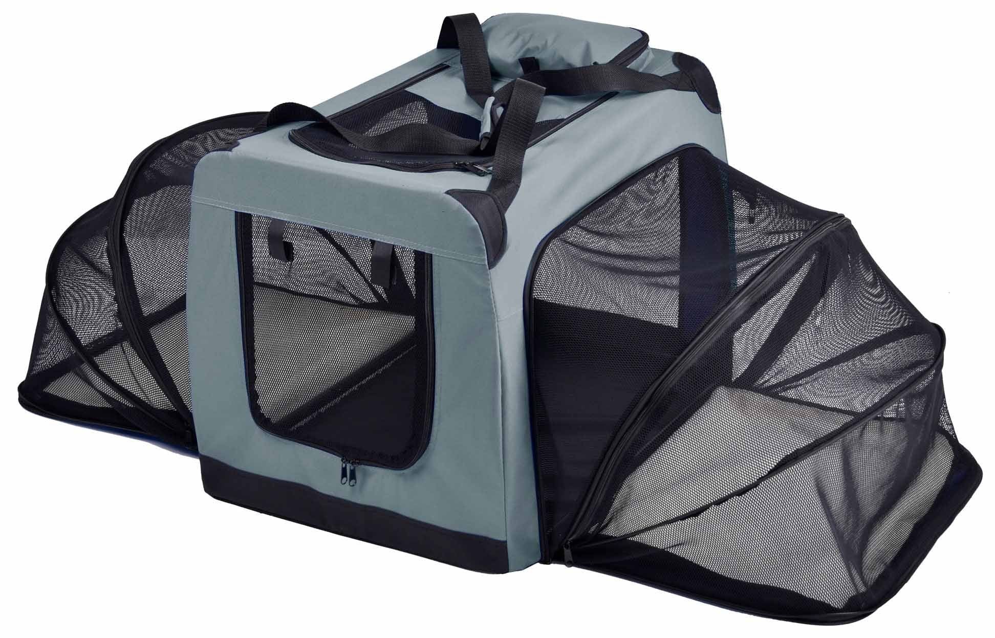 Gray and black expandable dog crate with mesh sides and carrying handles for easy transport