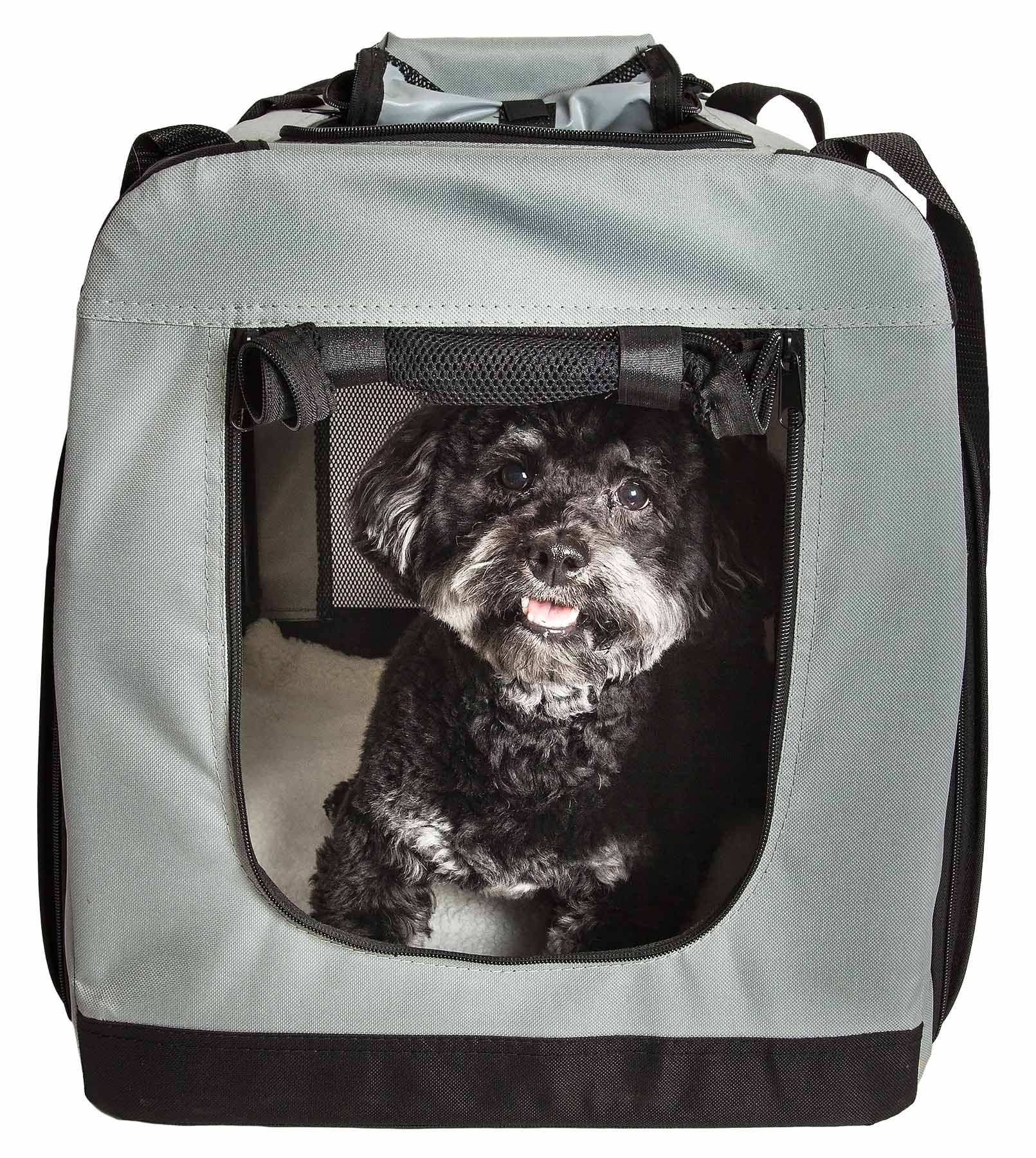 Expandable dog crate in gray with mesh window showing small black dog inside