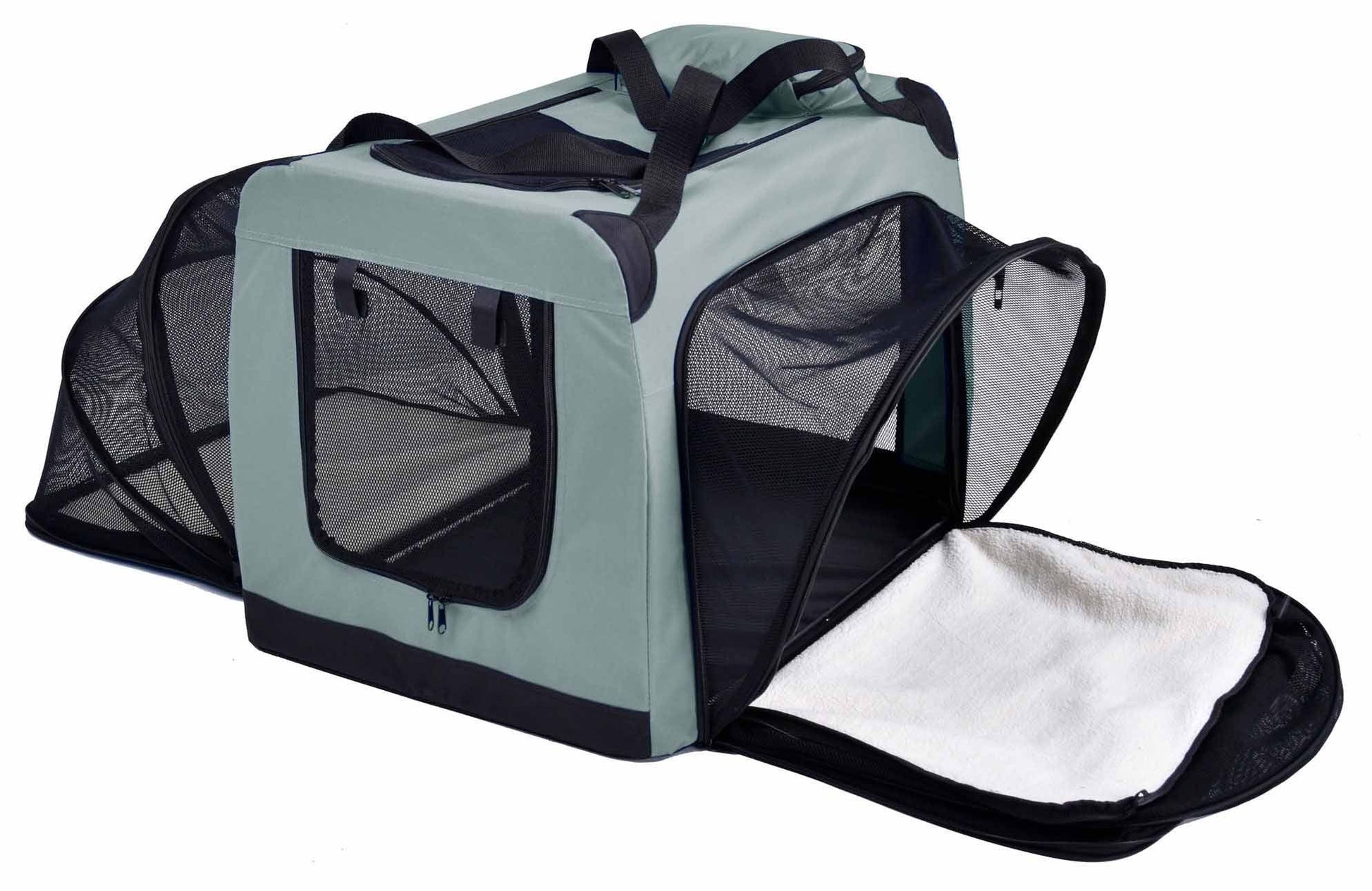 Expandable dog crate in gray and black with mesh windows and soft interior mat for pet comfort