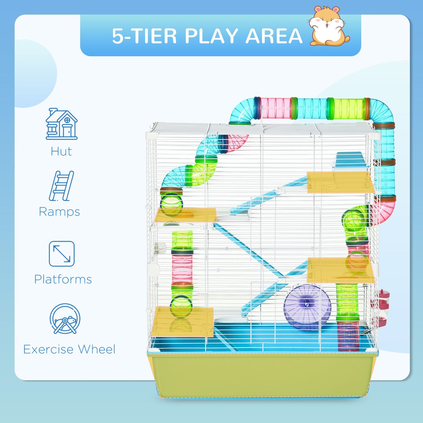 Spacious extra large hamster cage with tunnels, ramps, platforms, and an exercise wheel for active hamsters