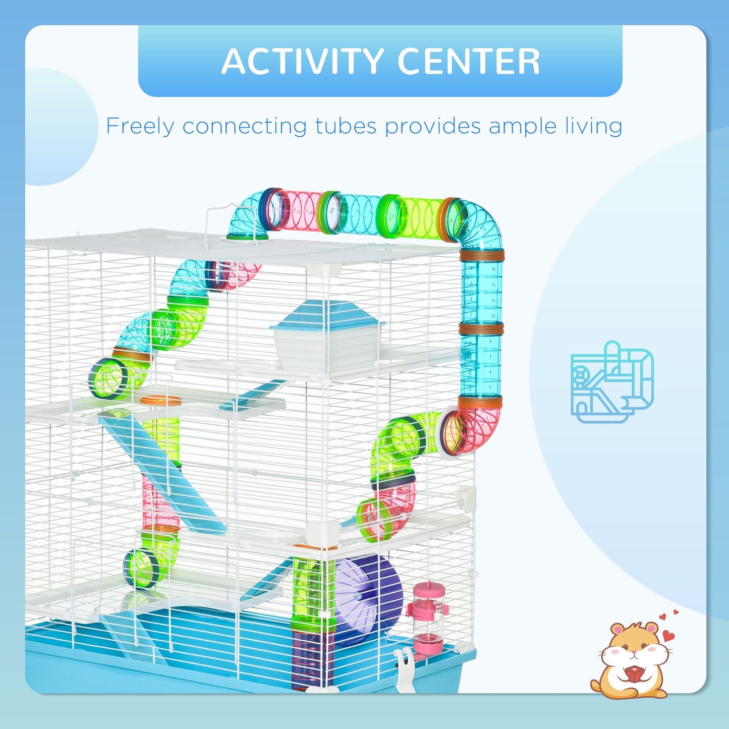 Large hamster activity center featuring colorful tunnels and spacious living areas in an extra large hamster cage with tunnels
