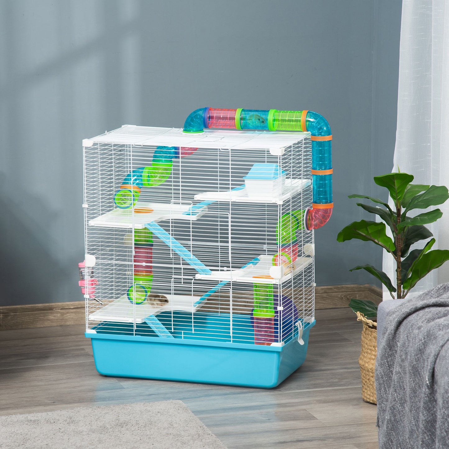 Extra large hamster cage with tunnels featuring multiple levels and colorful accessories for active hamsters