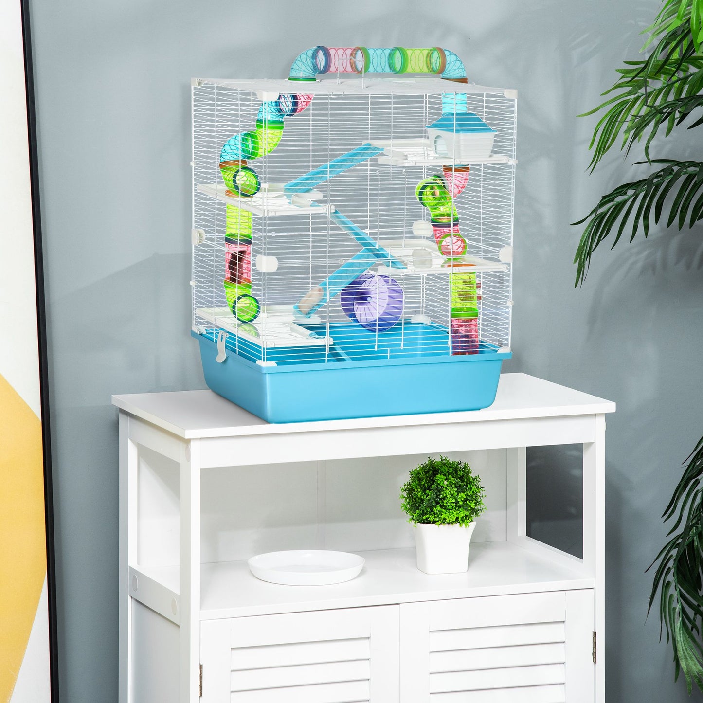 Colorful extra large hamster cage with tunnels, featuring multi-level design and accessories for pet comfort