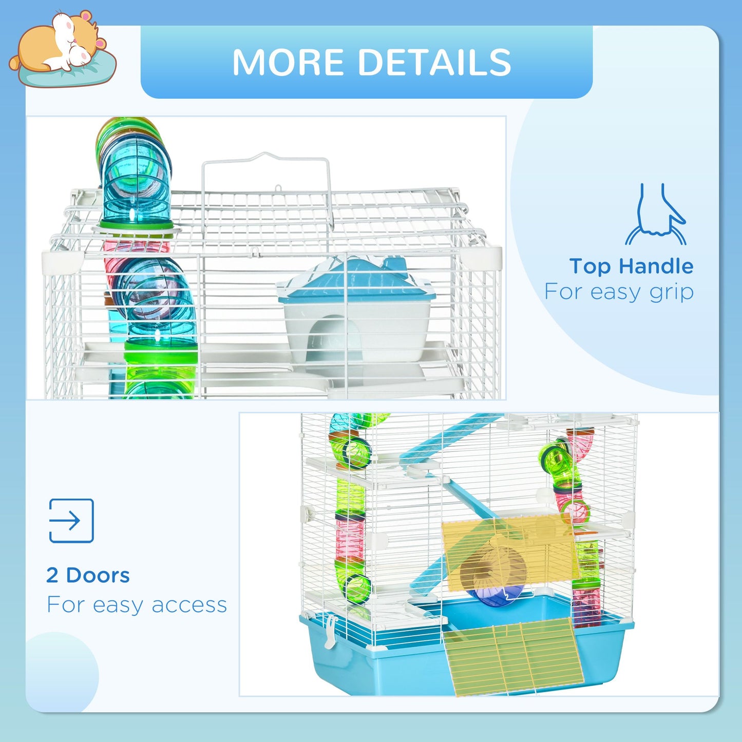 Spacious extra large hamster cage with tunnels, featuring two doors and a top handle for easy access and grip