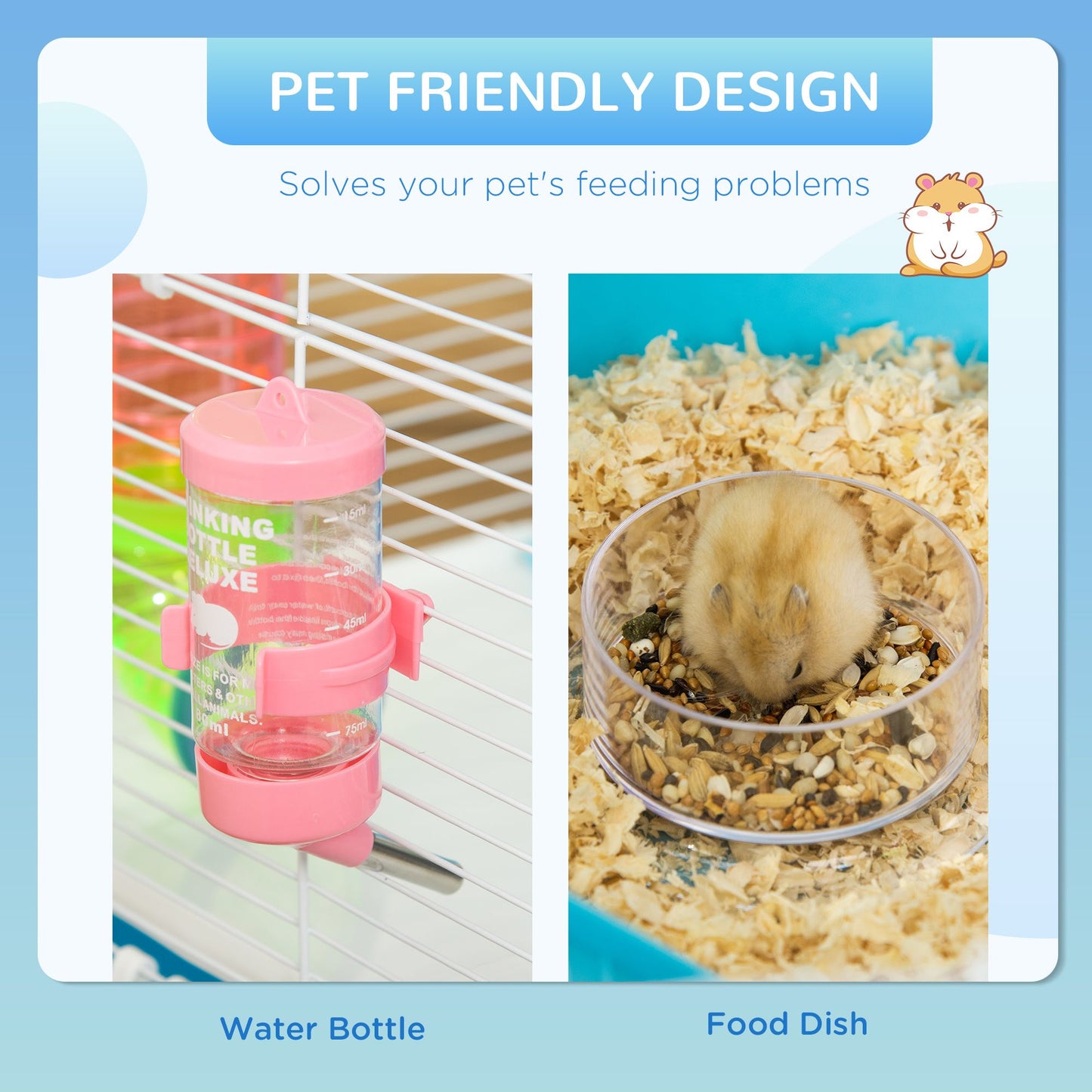 Extra large hamster cage with tunnels featuring a water bottle and food dish for easy feeding