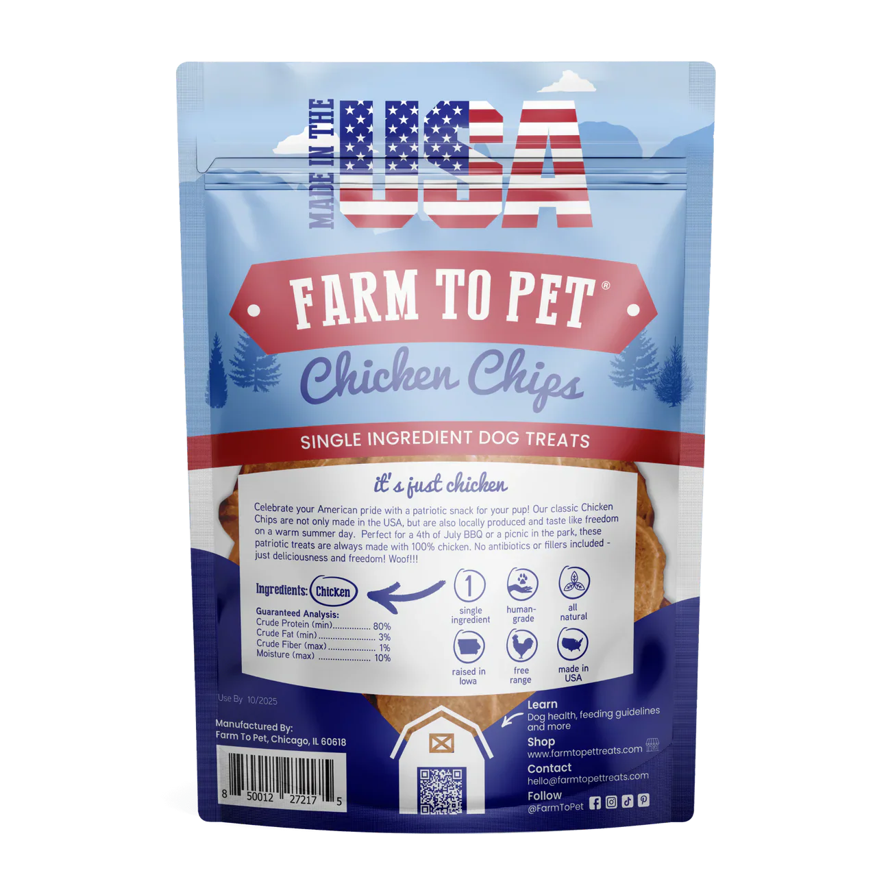 The Family Pet Chicken Chips dog treats in a USA-made packaging featuring single ingredient standards