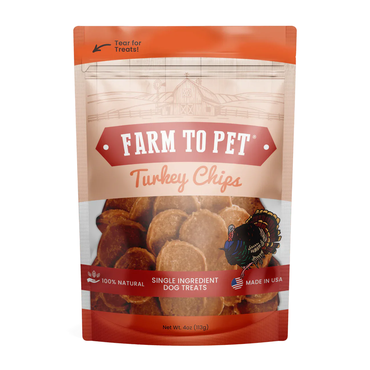 Farm to Pet Turkey Chips dog treats in a resealable bag, made with 100% natural ingredients