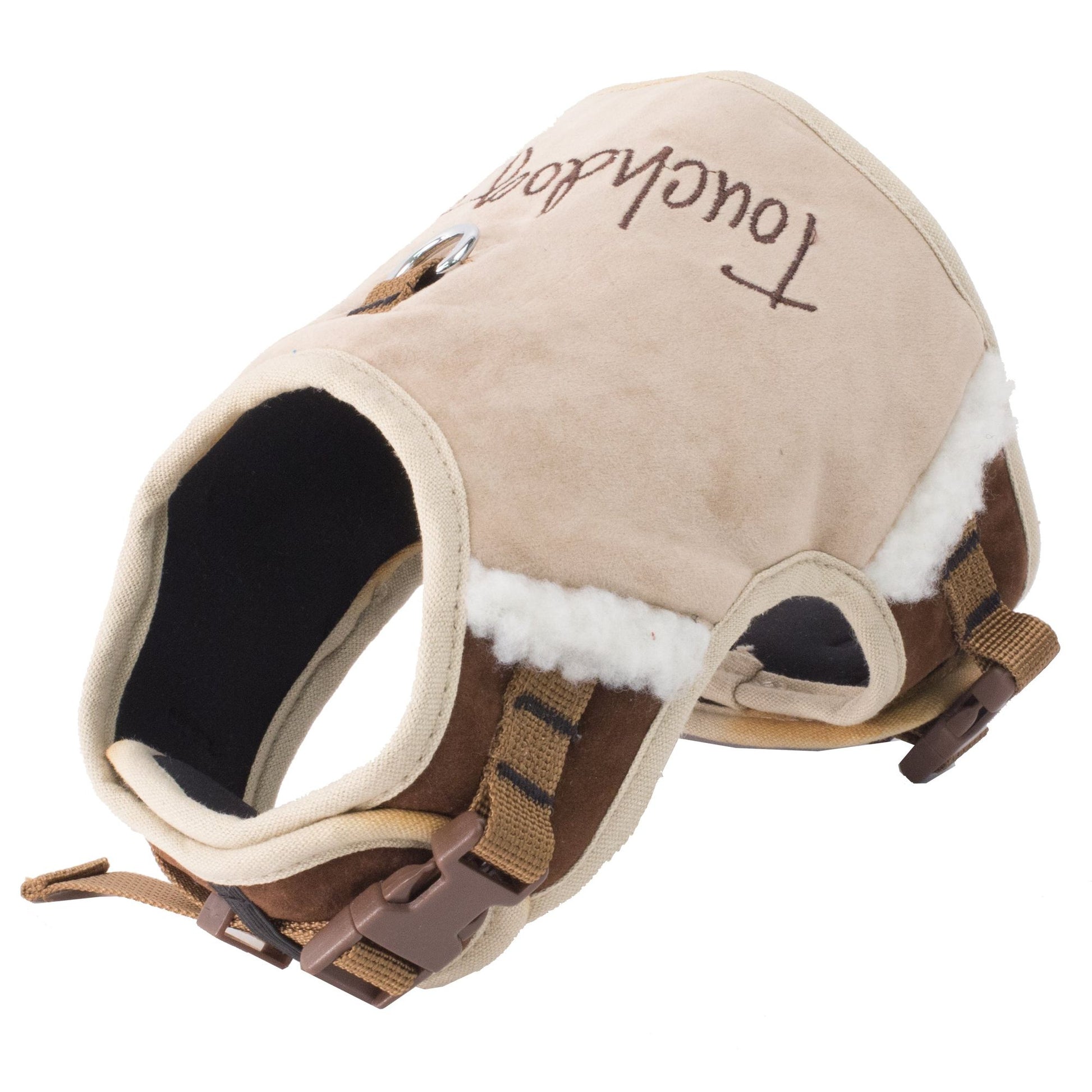Beige and brown soft padded fashion dog harness leash set with adjustable straps and faux fur lining