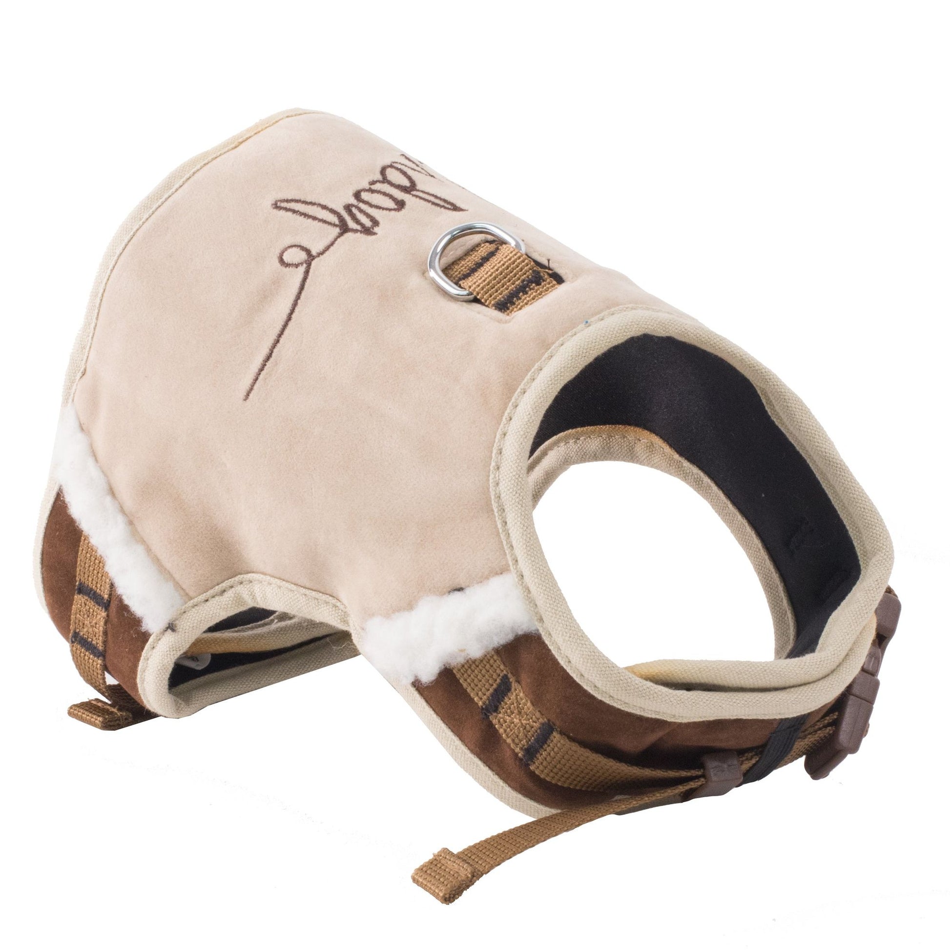 Beige and brown fashion dog harness leash set with soft lining and embroidered design from PawCounter.com