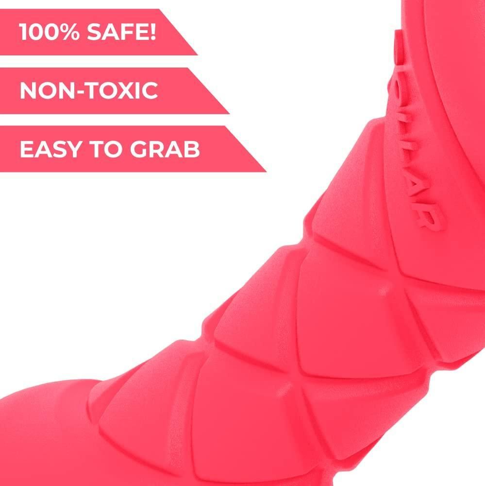 Close-up of bright red floating dog fetch toy with easy to grab safe non-toxic design