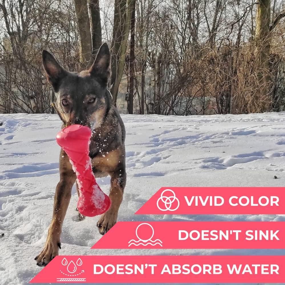 Dog playing outdoors in snow with bright red floating dog fetch toy that doesn’t sink or absorb water
