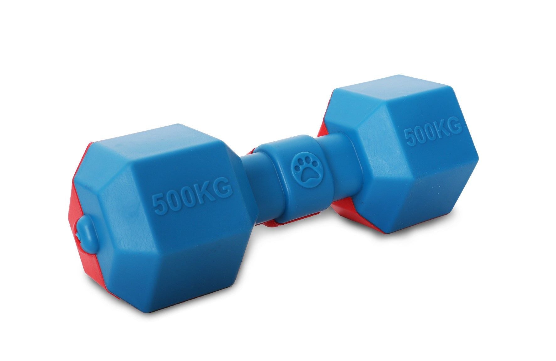 Blue and red floating dog toy shaped like a dumbbell with 500KG markings for water play