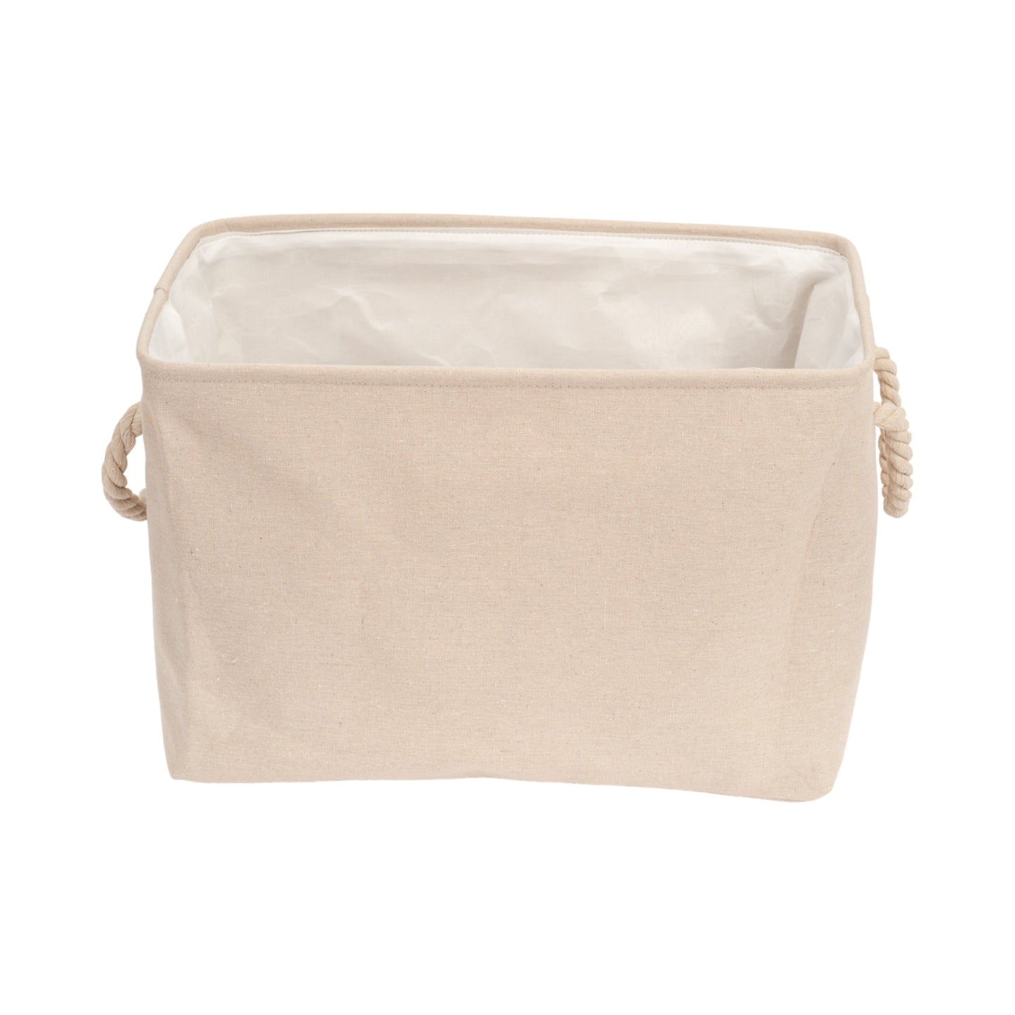 American Pet Supplies beige foldable dog toy storage bin with rope handles and fabric construction