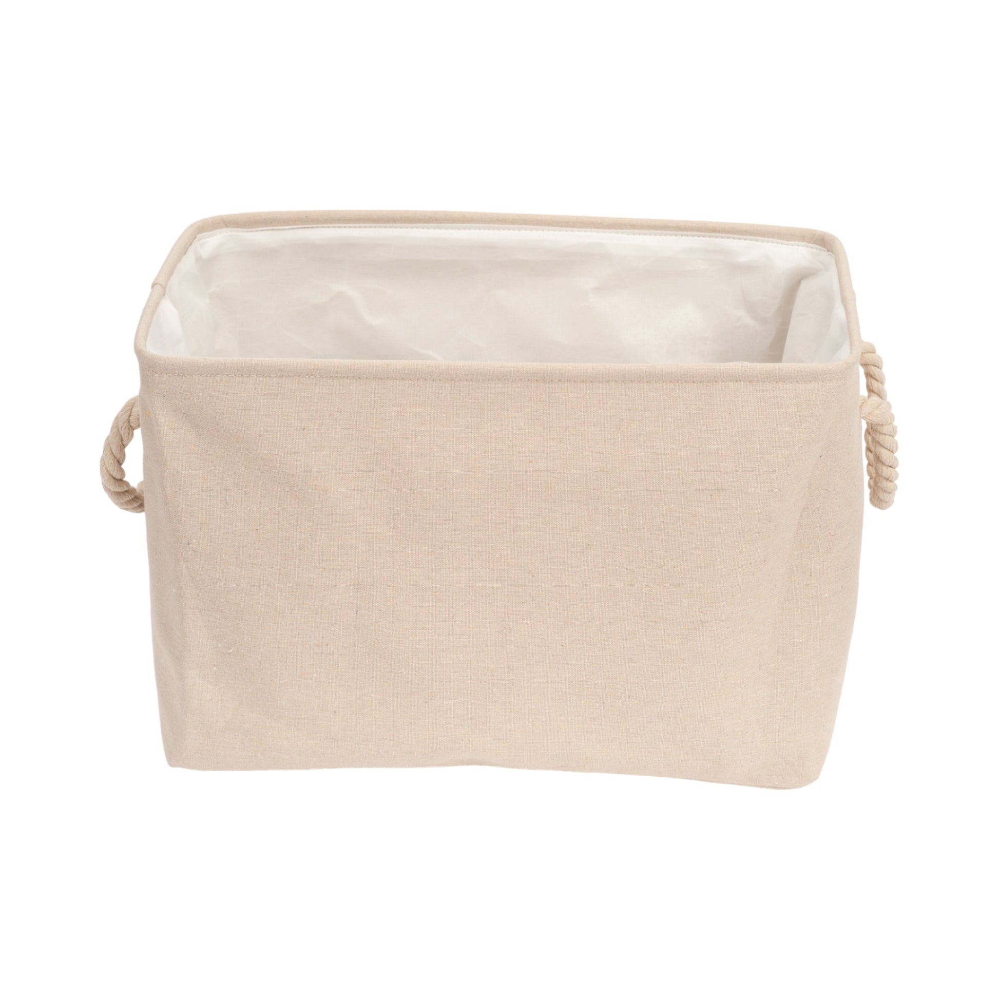 American Pet Supplies beige foldable dog toy storage bin with rope handles and fabric construction