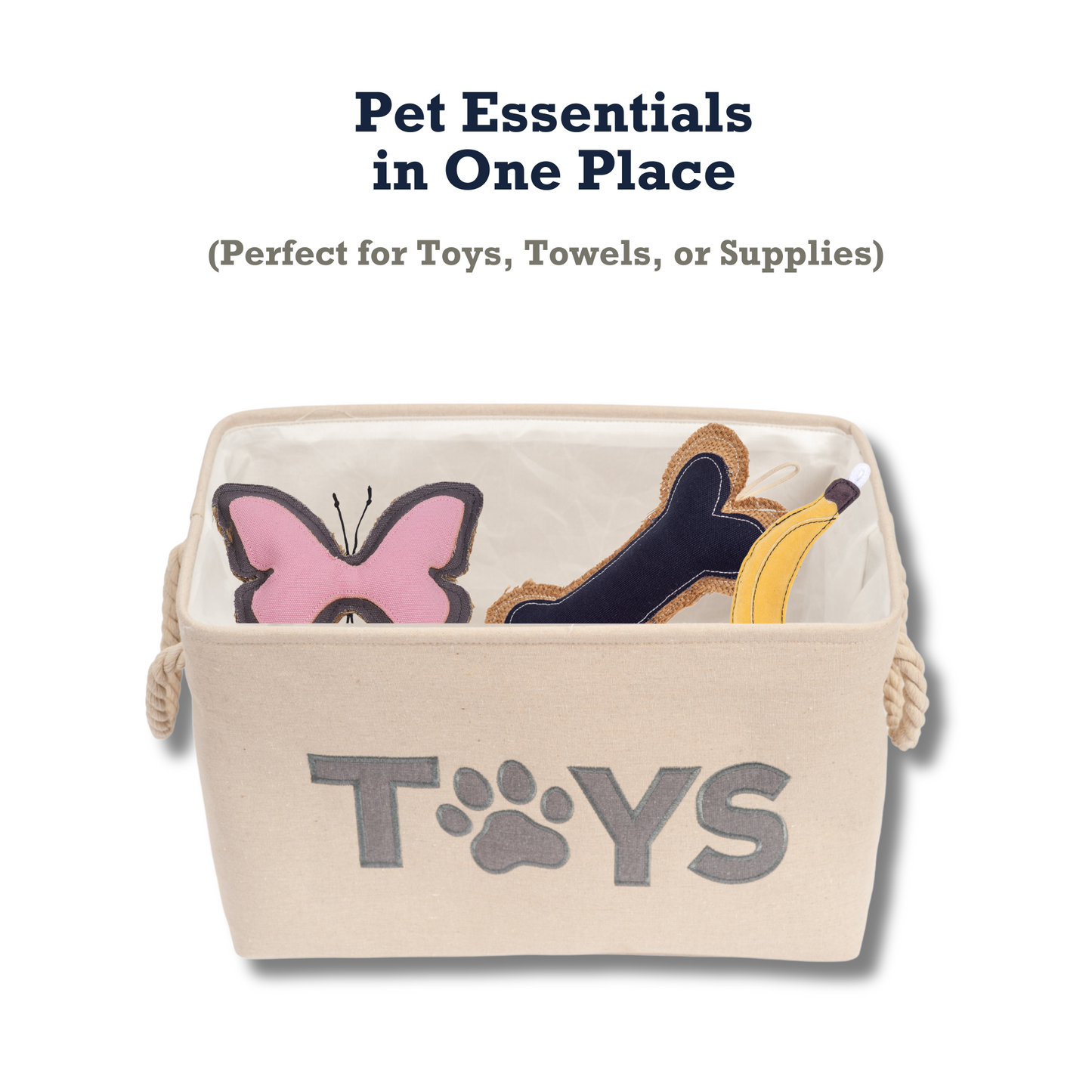 American Pet Supplies foldable dog toy storage bin with handles and toy illustrations for pet essentials