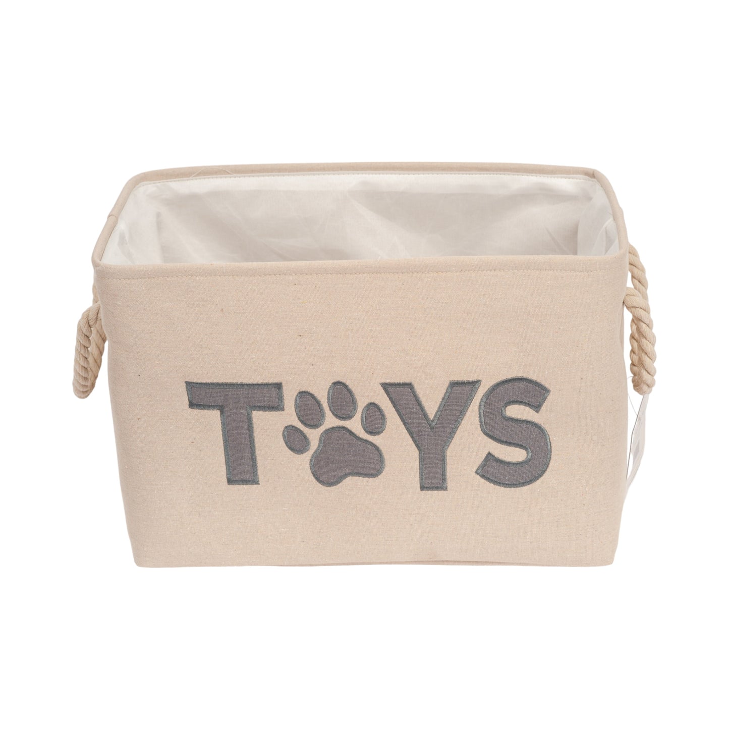American Pet Supplies foldable dog toy storage bin in beige with rope handles and paw print design