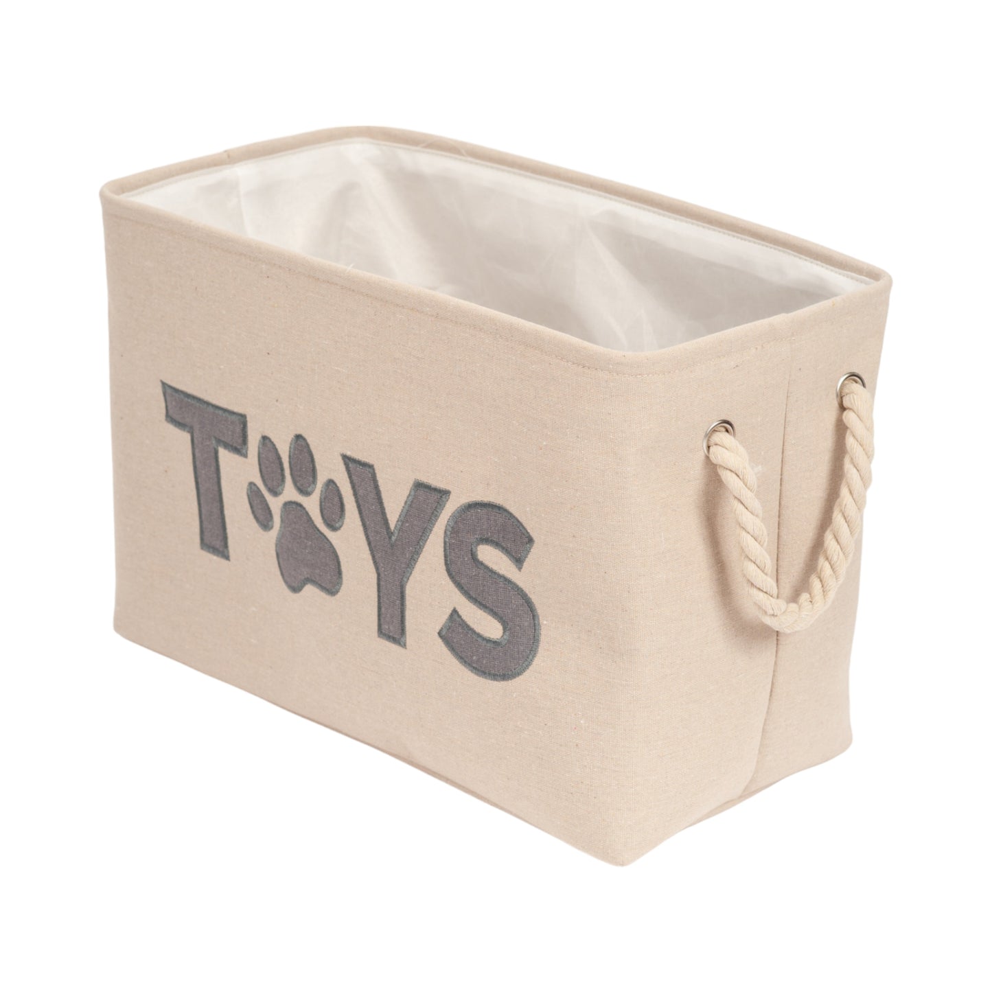 American Pet Supplies foldable dog toy storage bin beige with rope handles and Toys text