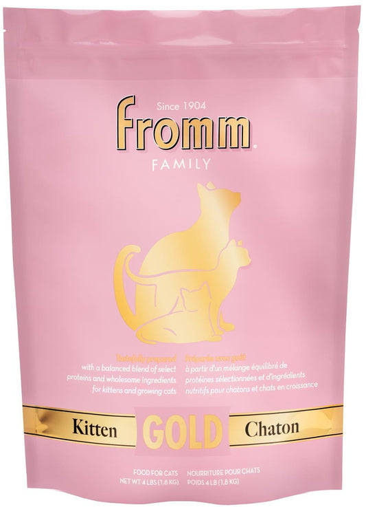Fromm premium kitten dry cat food in pink and gold resealable bag for growing cats