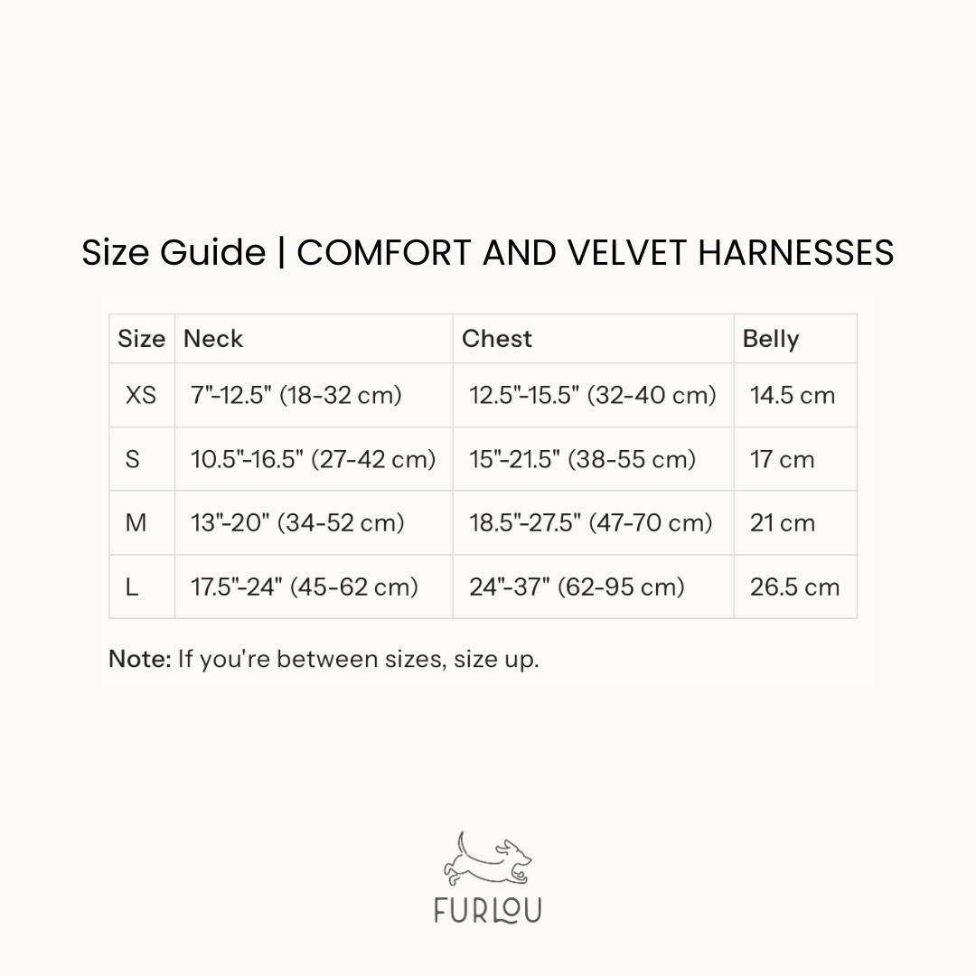 Size guide for FURLOU black comfort dog harness with neck, chest, and belly measurements