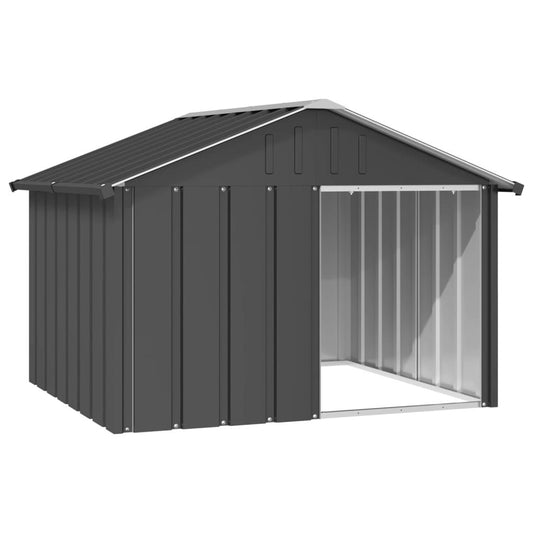Galvanized steel dog house with a slanted roof and open front for outdoor pet shelter