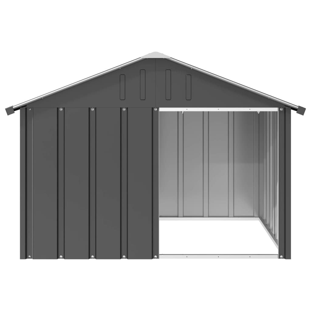 Gray galvanized steel dog house with open entrance and sturdy metal roof by PawCounter.com