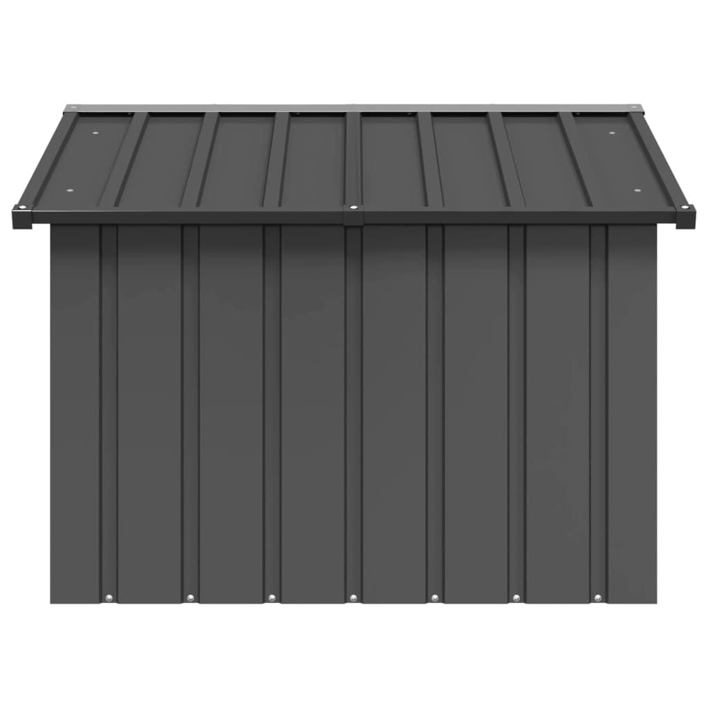 Gray galvanized steel dog house with durable vertical panel design and slanted roof for outdoor use