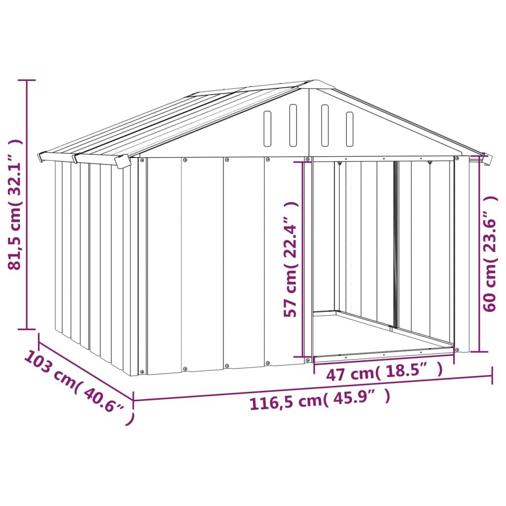 Diagram of galvanized steel dog house with dimensions shown in centimeters and inches