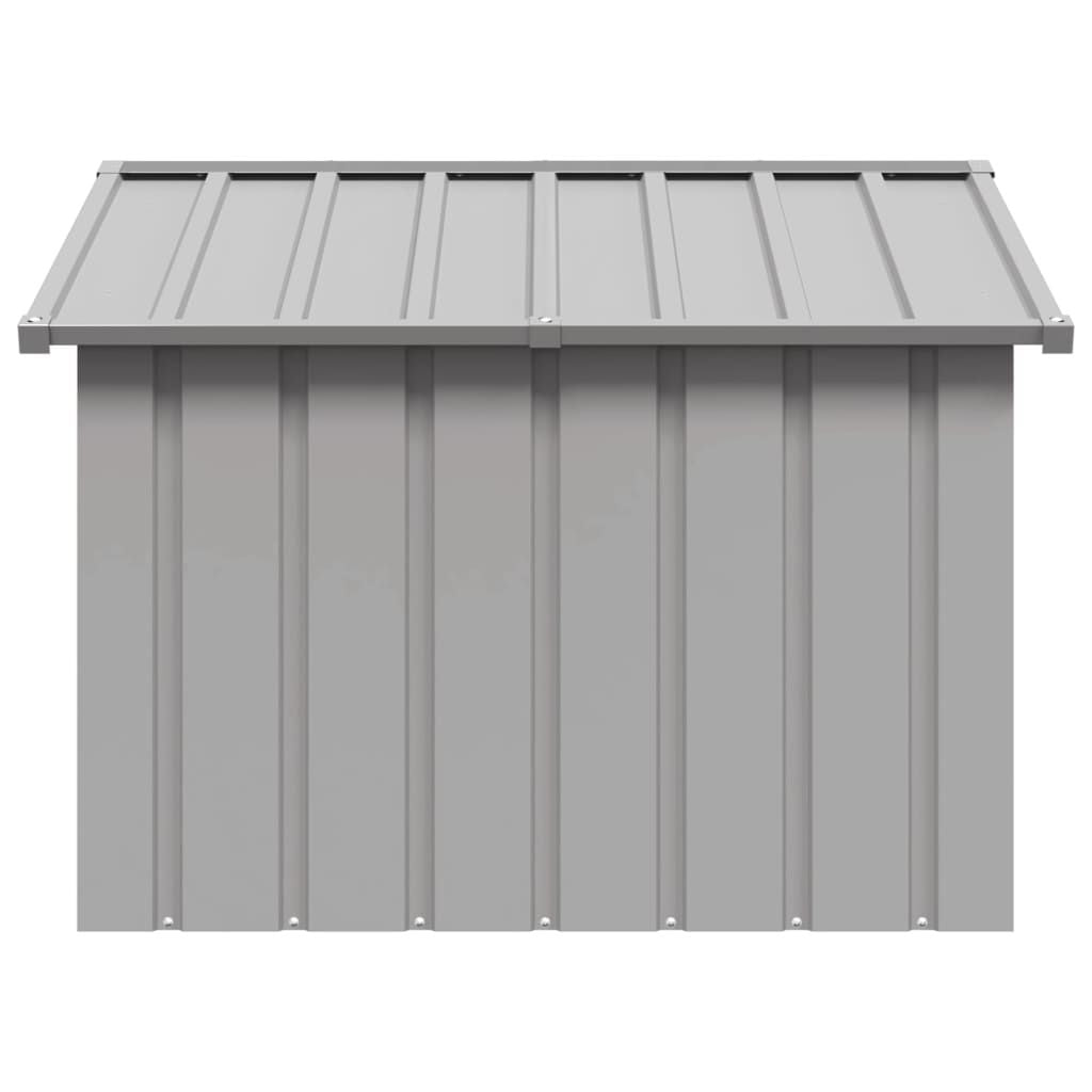 Gray galvanized steel dog house with sloped roof and vertical panel design by PawCounter.com