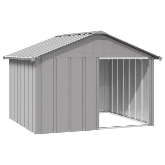 Gray galvanized steel dog house with open front and slanted roof for outdoor pet shelter