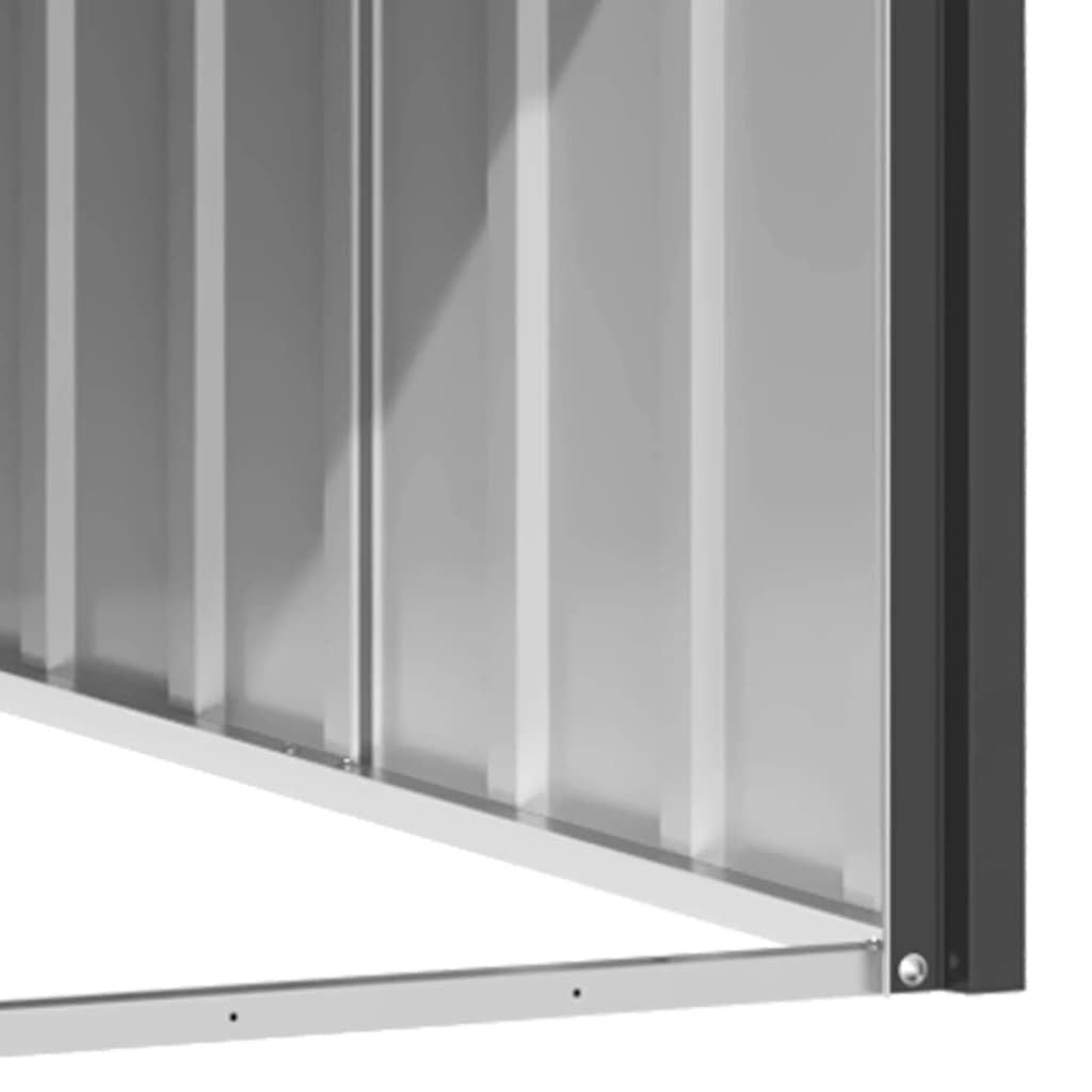 Close-up detail of galvanized steel dog house corner showing sturdy metal panels and frame