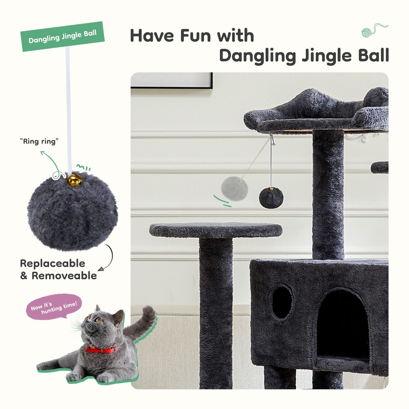 54 inch indoor cat tree with dangling jingle ball toy and soft gray plush surfaces for cat entertainment