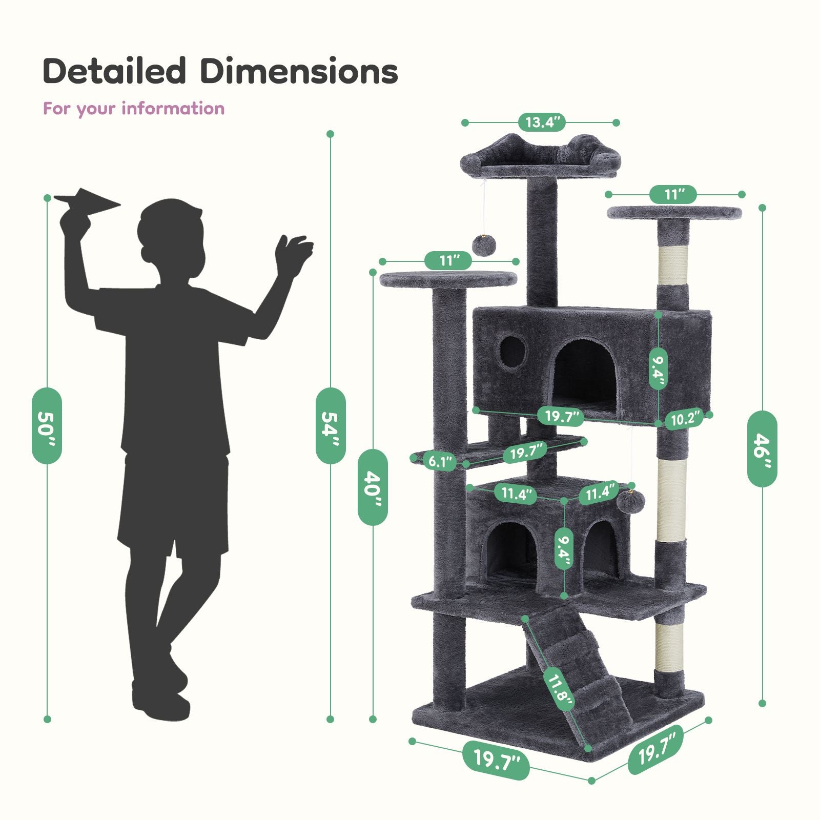 54 inch indoor cat tree with multiple platforms, cubbies, and scratching posts showing detailed dimensions