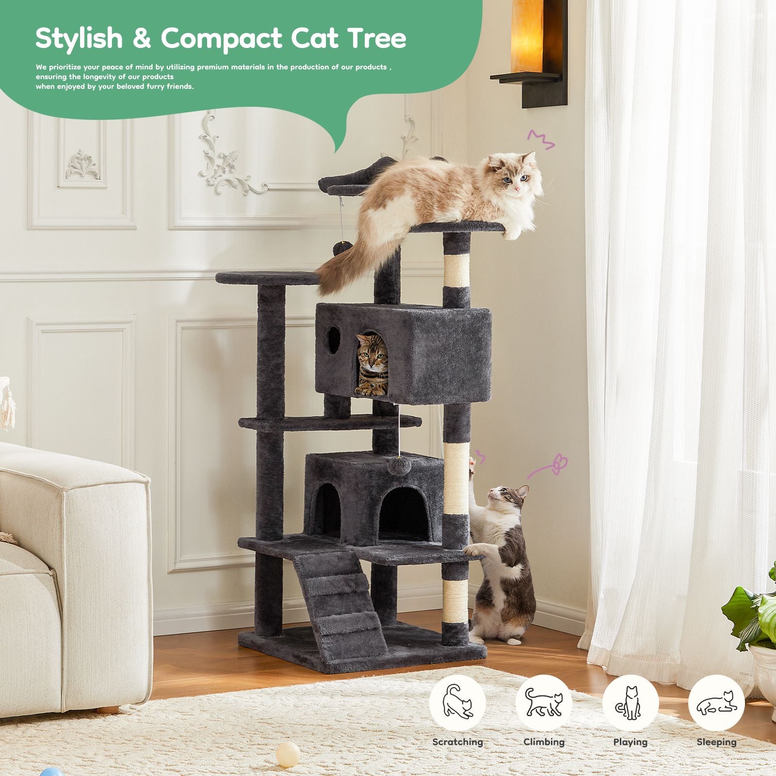 54 inch indoor cat tree in gray with multiple platforms, sisal posts, ramps, and cozy cubbies for cats