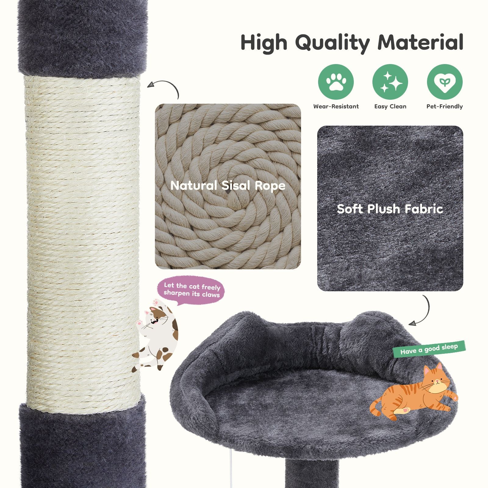 Close-up of 54 inch indoor cat tree showing natural sisal rope scratching post and soft plush fabric resting bed