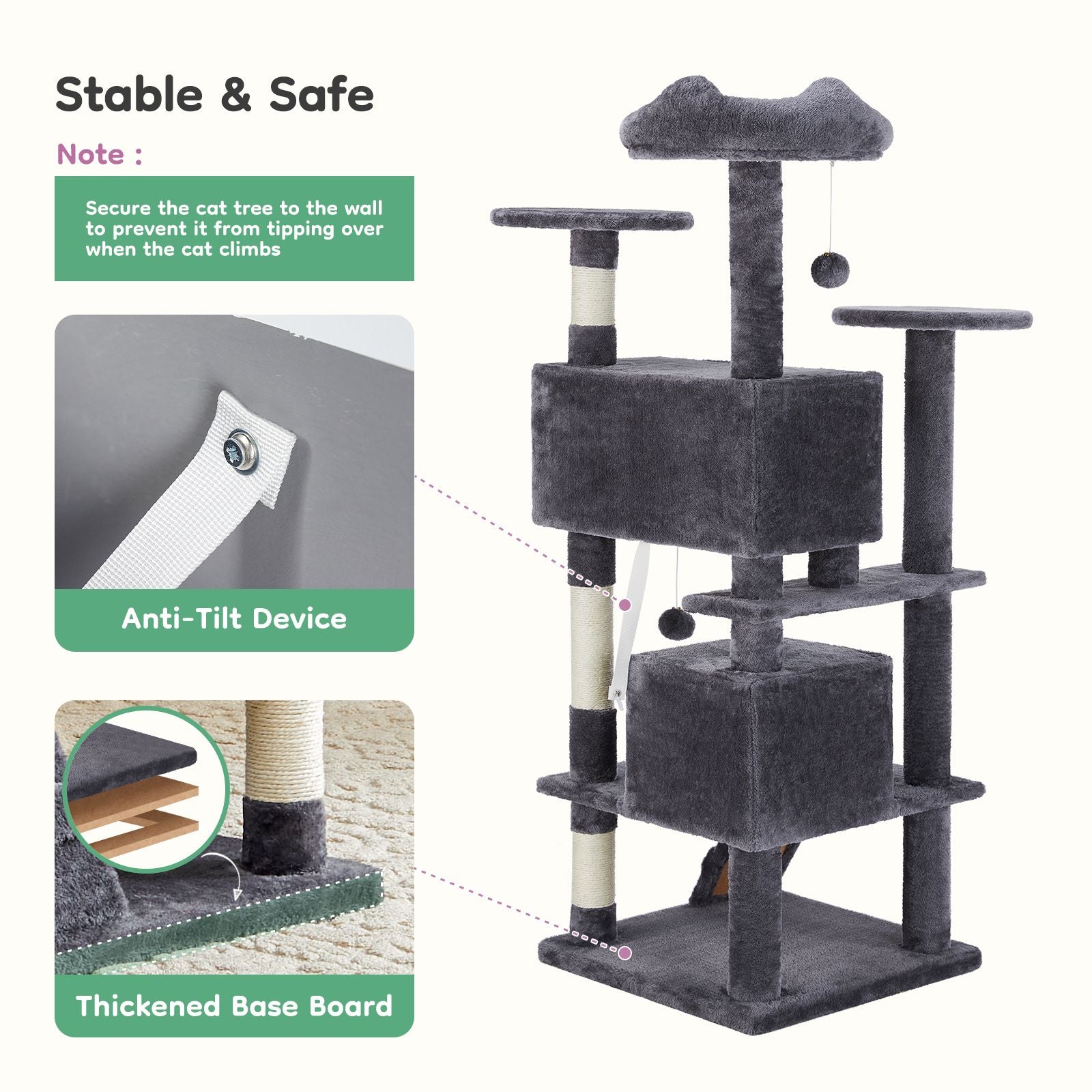 54 inch indoor cat tree in gray with multiple platforms, condo spaces, scratching posts, and anti-tilt safety features