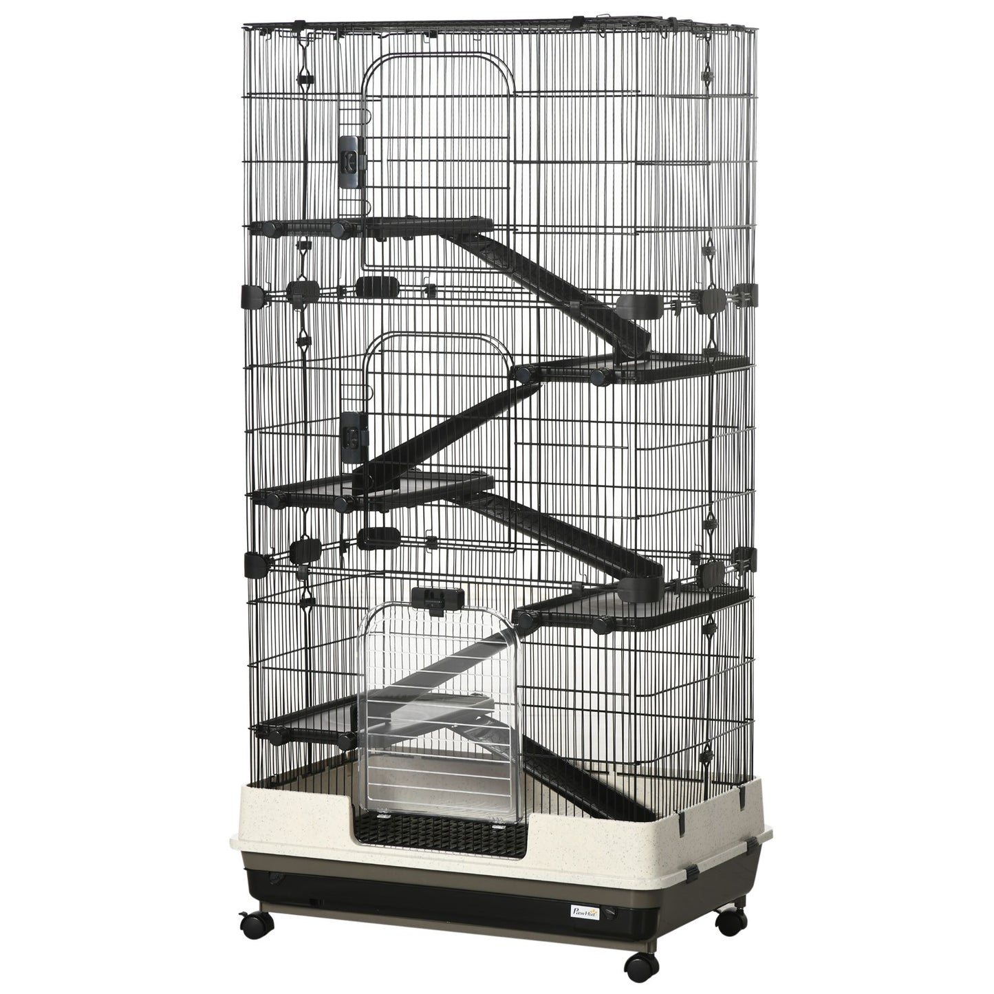 6 tier small animal cage with black wire frame and beige base on wheels for easy mobility