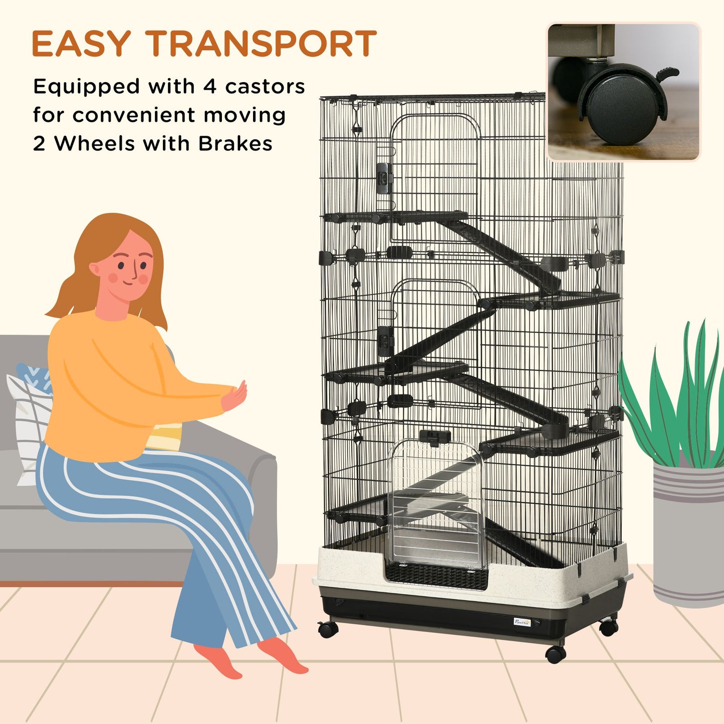 6 tier small animal cage with 4 castors and 2 wheels with brakes for easy transport