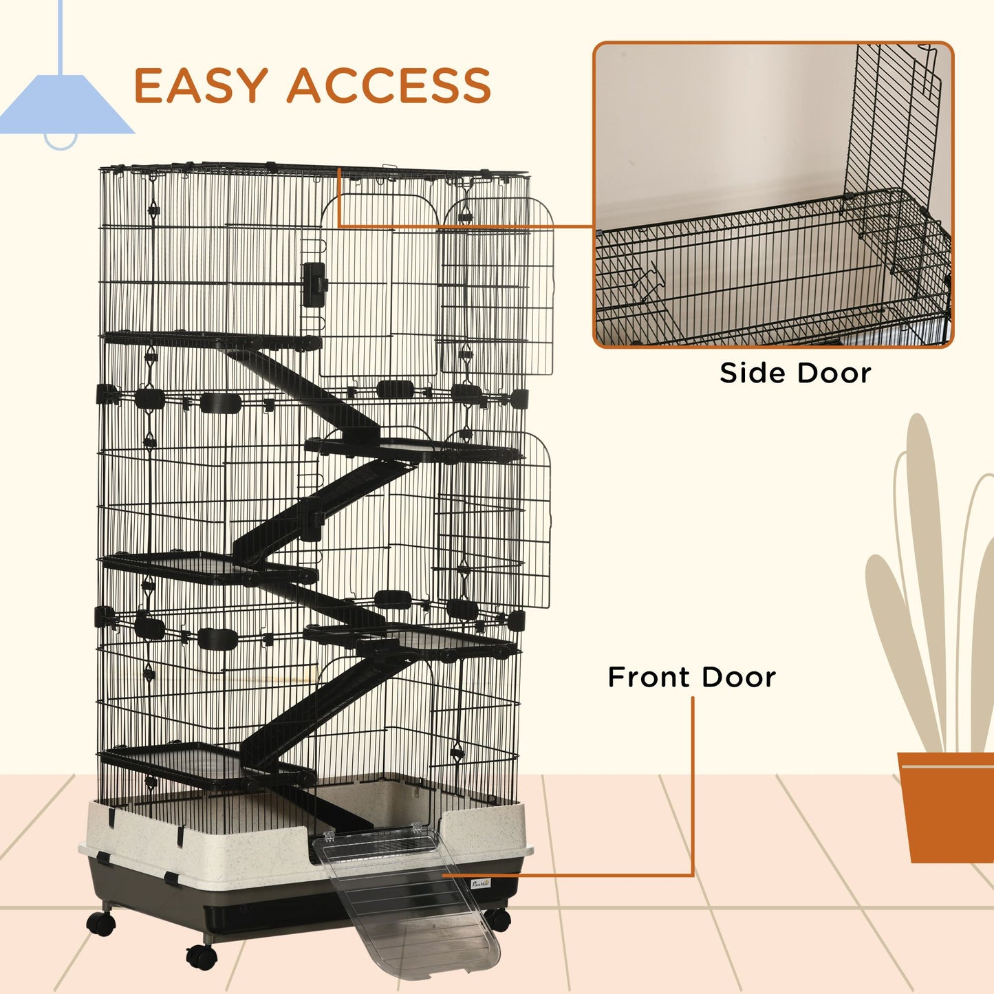 6 tier small animal cage with multiple platforms, side door, front door, and easy access ramps
