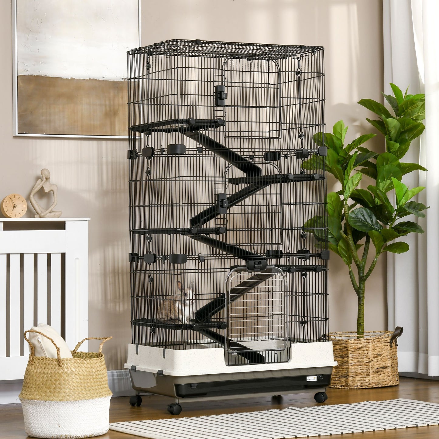 Black 6 tier small animal cage with ramps on wheels in a cozy living room setting