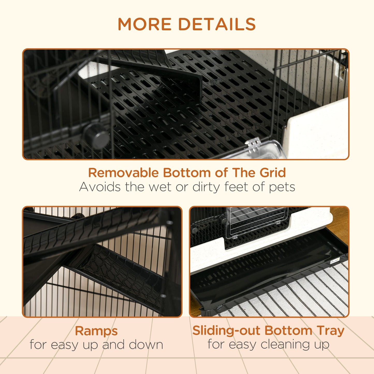 Close-up details of 6 tier small animal cage showing removable grid bottom ramps and sliding-out bottom tray