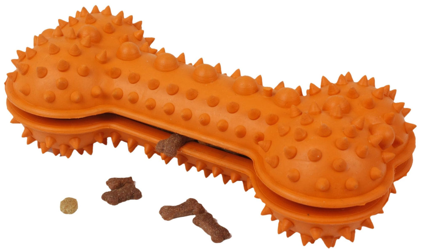 Orange dog dental cleaning toy shaped like a bone with textured surface and treat slots