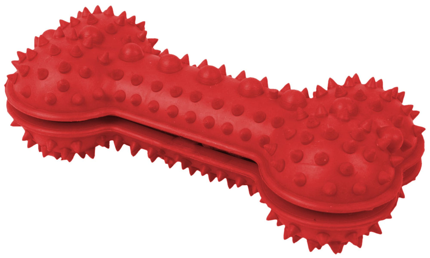 Red dog dental cleaning toy with textured surface and raised bumps for effective teeth cleaning