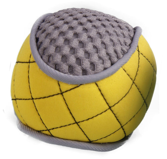 Yellow and gray neoprene mesh dog ball with textured surface and durable stitching for pet play