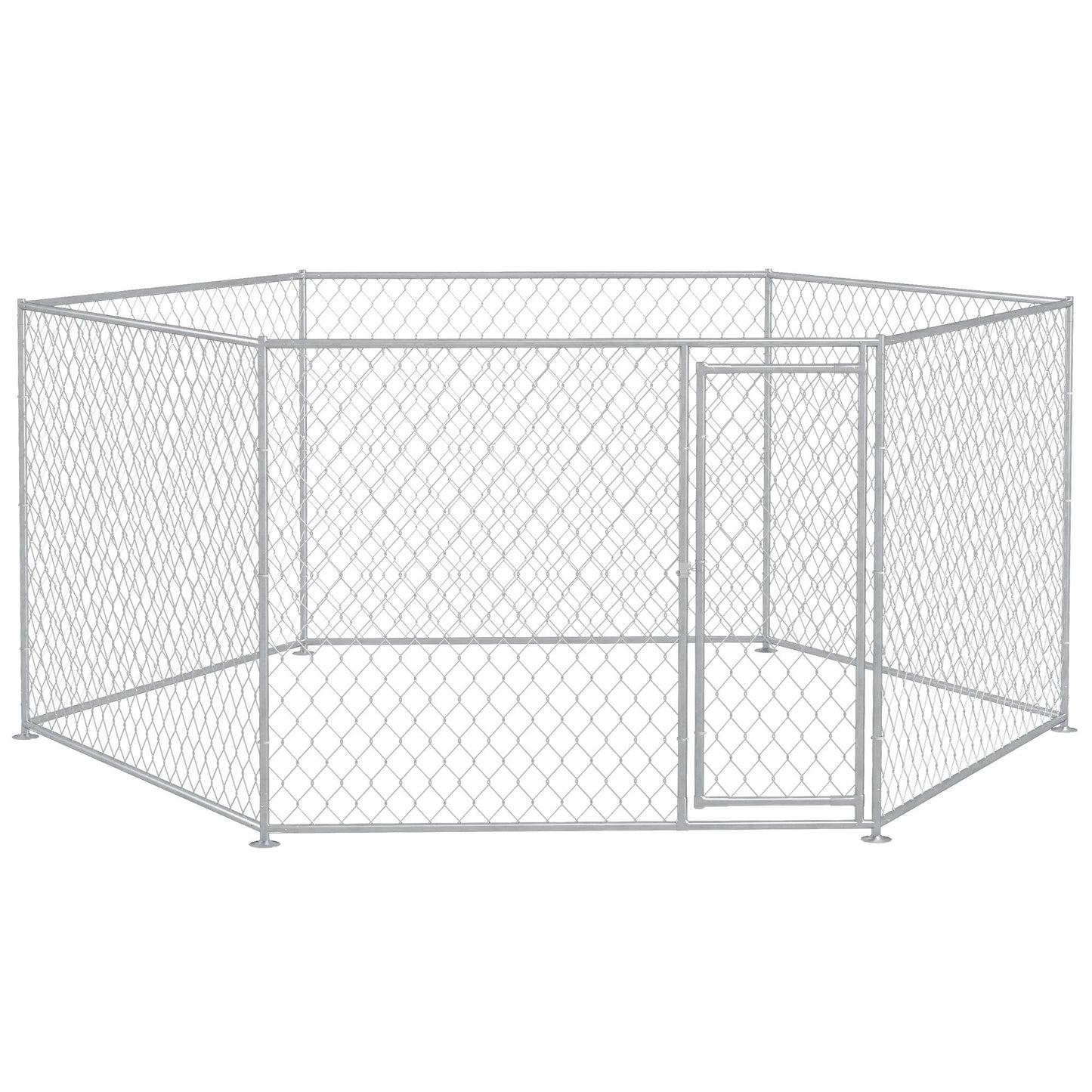Metal chain link outdoor dog run for large dogs with secure walk-in door and sturdy frame